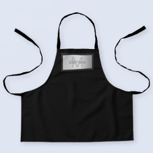 Your Name & Monogram Greys Black & Faux Silver Apron
