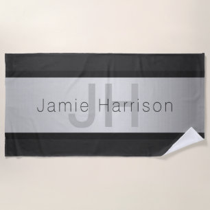 Your Name & Monogram Greys & Faux Silver Look Beach Towel