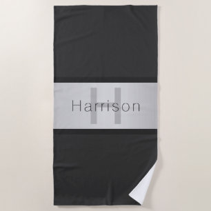 Your Name & Monogram Greys & Faux Silver Look Beach Towel