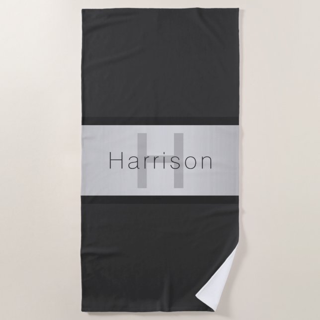 Your Name & Monogram | Greys & Faux Silver Look Beach Towel (Front)