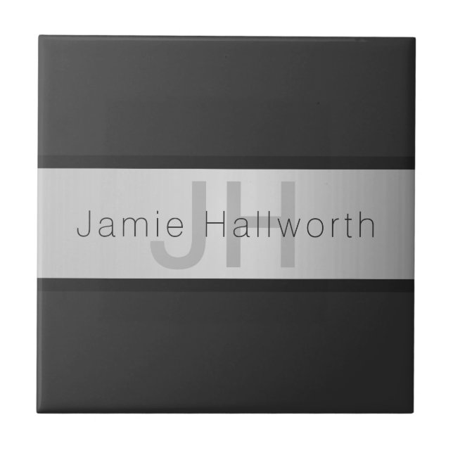Your Name & Monogram | Greys & Faux Silver Look Ceramic Tile (Front)