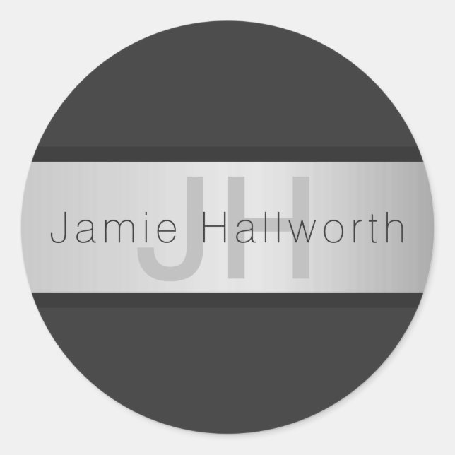 Your Name & Monogram | Greys & Faux Silver Look Classic Round Sticker (Front)