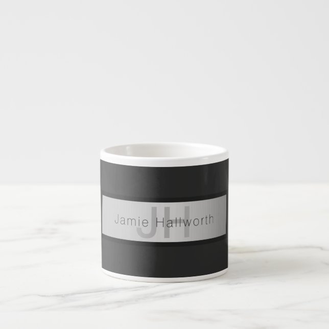 Your Name & Monogram | Greys & Faux Silver Look Espresso Cup (Front)