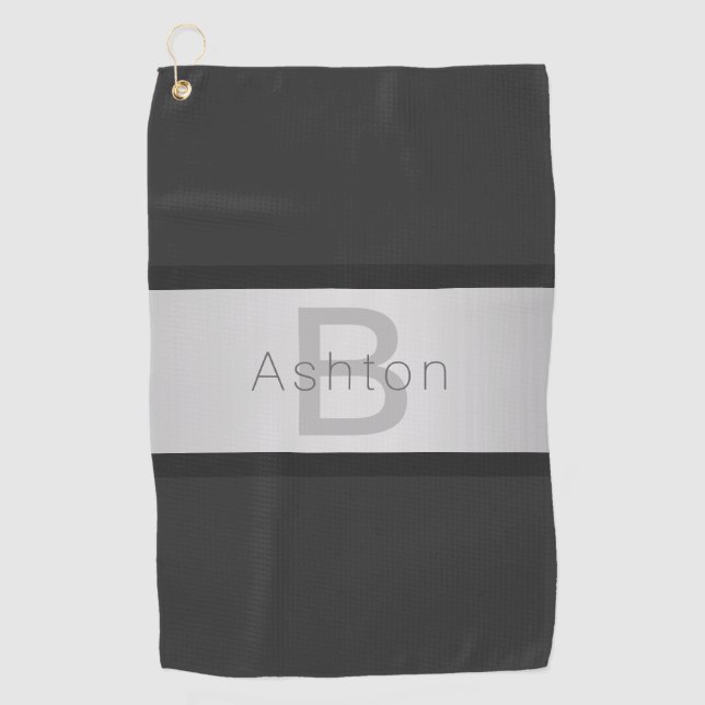 Your Name & Monogram | Greys & Faux Silver Look Golf Towel (Front)