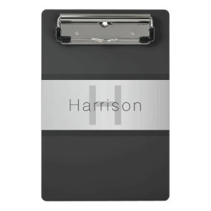 Your Name & Monogram   Greys & Faux Silver Look Mini Clipboard