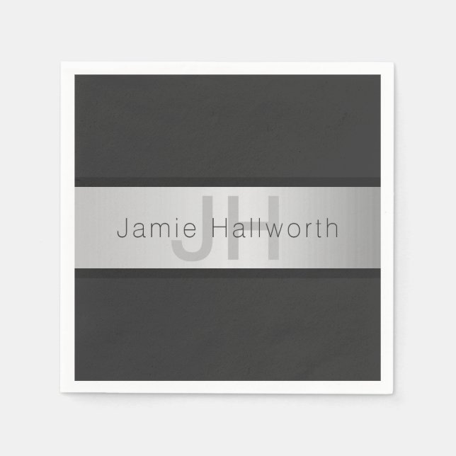 Your Name & Monogram | Greys & Faux Silver Look Napkin (Front)