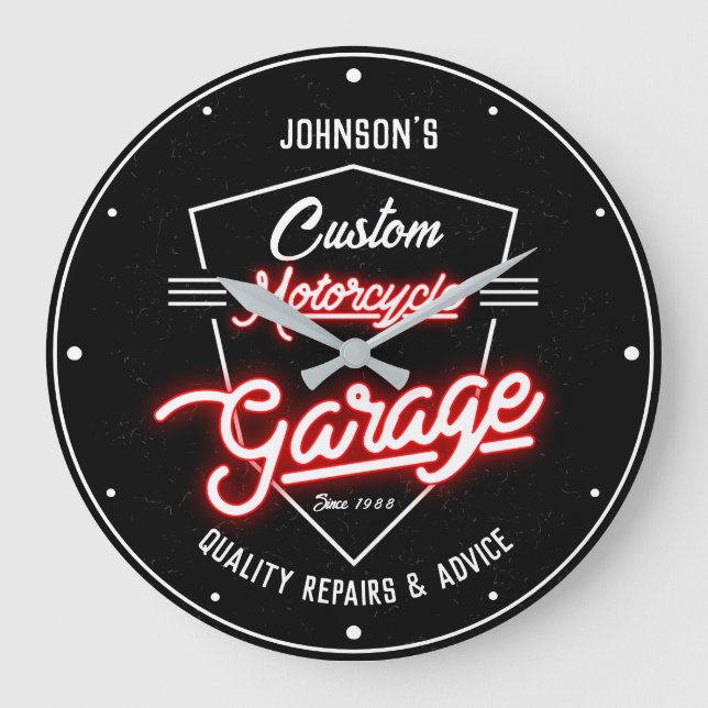 Your Name Motorcycle Garage Slogan Faux Red Neon  Large Clock (Front)