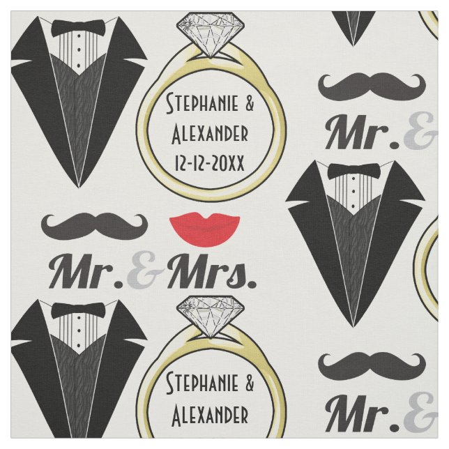 Your Name Mr Mrs Lips Moustache Ring Tuxedo Fabric (Swatch)