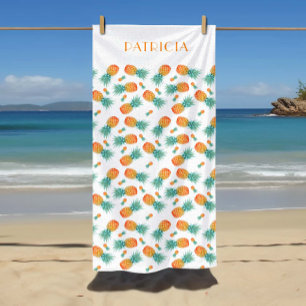 Your Name On A Pineapple Tropical Fruits Pattern Beach Towel