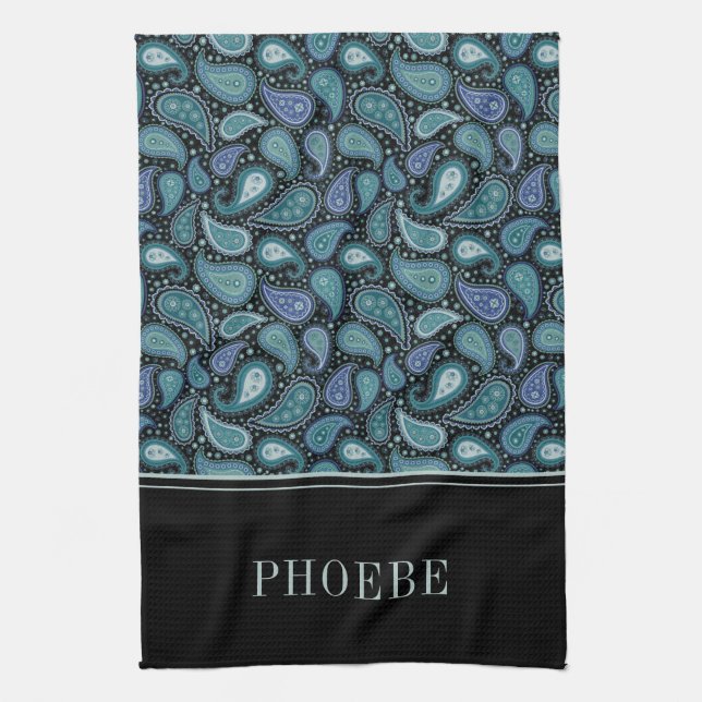 Your Name On Eleagant Retro Blue Paisley Pattern Tea Towel (Vertical)