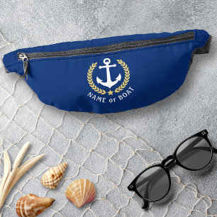 Your Name or Boat Anchor Gold Laurel Star Navy Bum Bags
