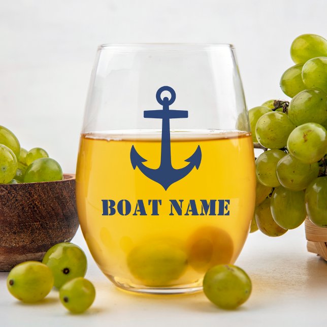 Your Name or Boat Name Nautical Anchor Navy Blue Stemless Wine Glass (Creator Uploaded)