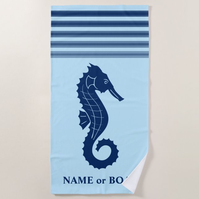 Your Name or Boat Name Seahorse Powder Blue White Beach Towel (Front)