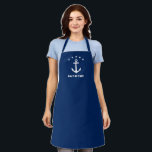 Your Name or Boat Nautical Anchor Stars Navy Blue Apron<br><div class="desc">A stylish nautical themed apron with your personalised name, boat name or other desired text. Features a custom designed classic anchor and stars in white on navy blue. Easily customise the apron colour to match your current decor. Cook, bake and BBQ in Style. Makes a great gift and conversation piece...</div>