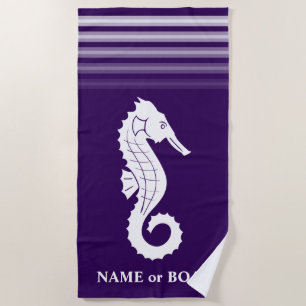 Your Name or Boat Seahorse Purple White Stripe Beach Towel