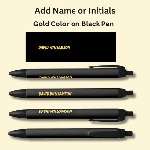Your Name or Initials Orange Gold Letters on Black Black Ink Pen