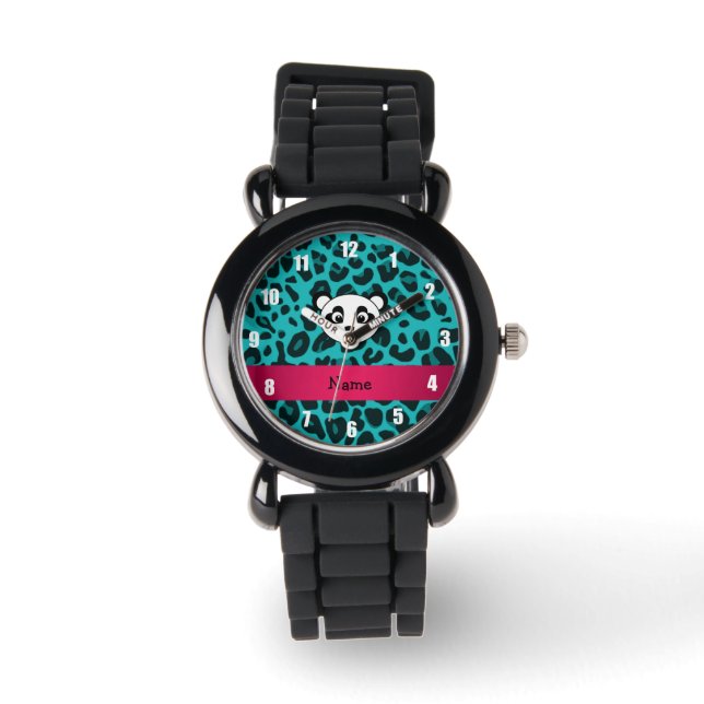 Your name panda bear head turquoise leopard watch (Front)