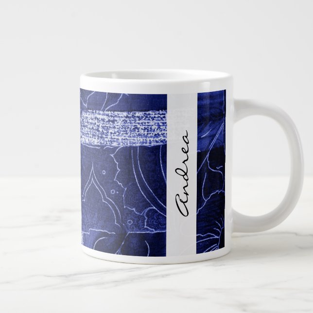 Your Name - Patchwork, Flowers, Swirls - Blue Large Coffee Mug (Right)