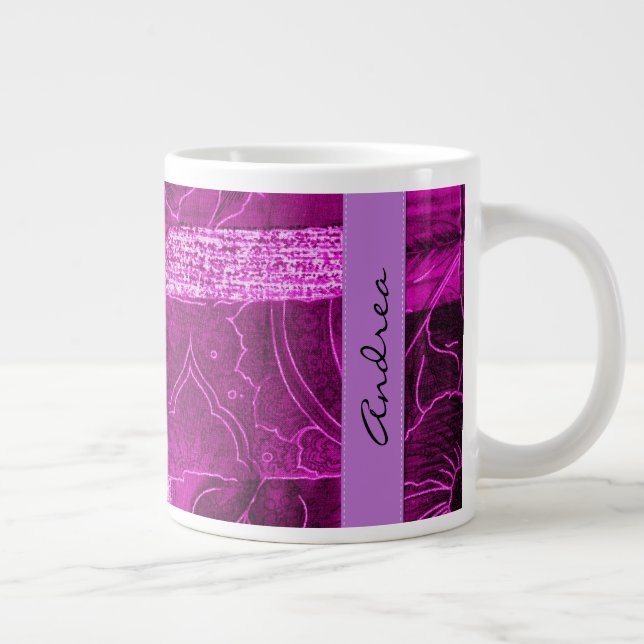 Your Name - Patchwork, Flowers, Swirls - Pink Large Coffee Mug (Right)