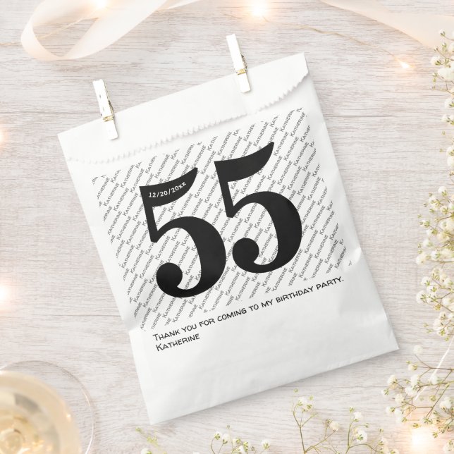 Your Name Pattern Bold Black Age 55 Number Date Favour Bag (Clipped)