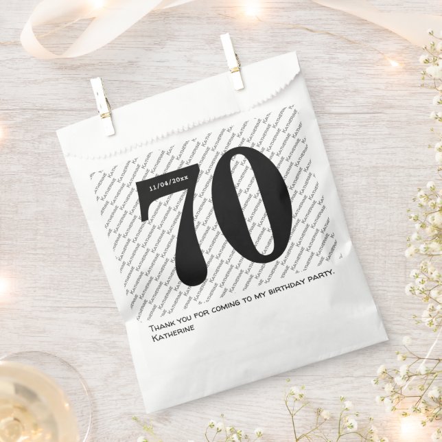 Your Name Pattern Bold Black Age 70 Number Date Favour Bag (Clipped)