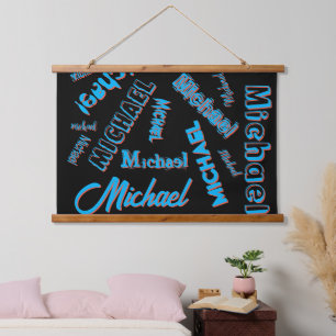 Your name pattern monogram blue red black colour hanging tapestry