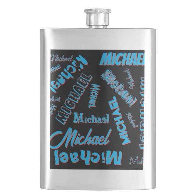 Your name pattern monogram blue red black colour hip flask (Front)
