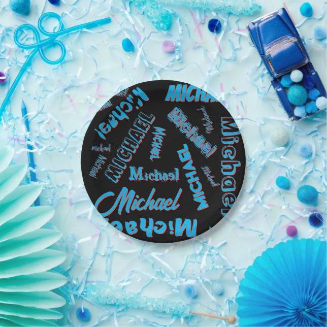 Your name pattern monogram blue red black colour paper plate (Party)