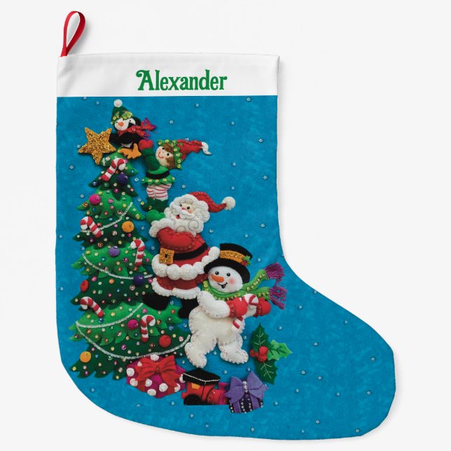 Your Name Personalise Fun Santa Snowman Blue Green Large Christmas Stocking (Front)