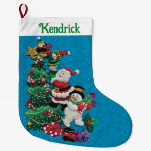 Your Name Personalise Fun Santa Snowman Blue Green Large Christmas Stocking