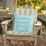 Your Name Porch BBQ Sea Green & White Personalised Cushion<br><div class="desc">Typography design with the phrase "Your Name PORCH BBQ". This personalised striped design is offered in sea green and white. This particular shade of green, named "Biscay Green", has been chosen a top trending colour for 2020... by the colour experts! Mix and match with coordinating products and make your's the...</div>