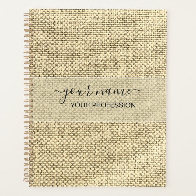 Your name & Profession black and beige linen Planner (Front)