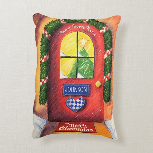 Your Name Red Merry Christmas Front Door Customise Decorative Cushion (Back(Vertical))