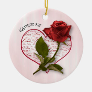 Your Name   Red Rose & Stem Floral Photography Ceramic Ornament