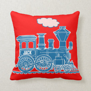 Your name steam train loco blue red throw pillow