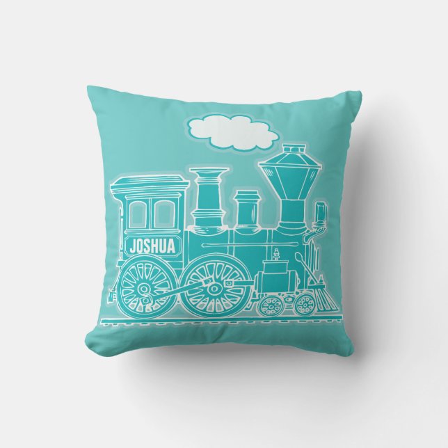 Your name steam train loco teal blue throw pillow (Front)
