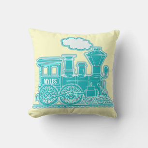 Your name steam train loco teal lemon throw pillow