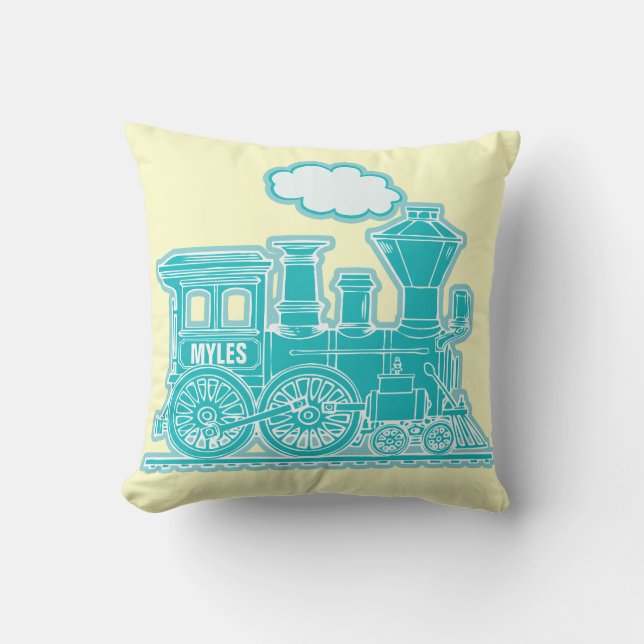 Your name steam train loco teal lemon throw pillow (Front)