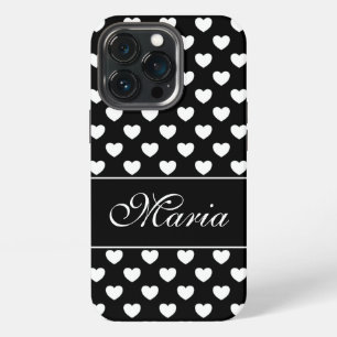 Your Name, Stylish Black and White Hearts Pattern iPhone 13 Pro Case