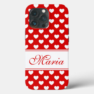 Your Name, Stylish Red and White Hearts Pattern iPhone 13 Pro Case