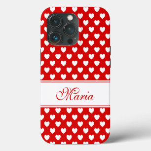 Your Name, Stylish Red and White Hearts Pattern iPhone 13 Pro Case