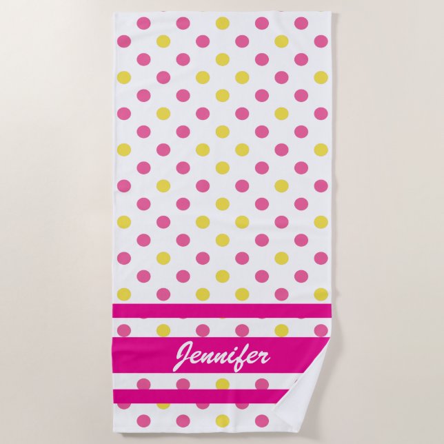 Your Name  - Summer Blue and Yellow Polka Dots Beach Towel (Front)