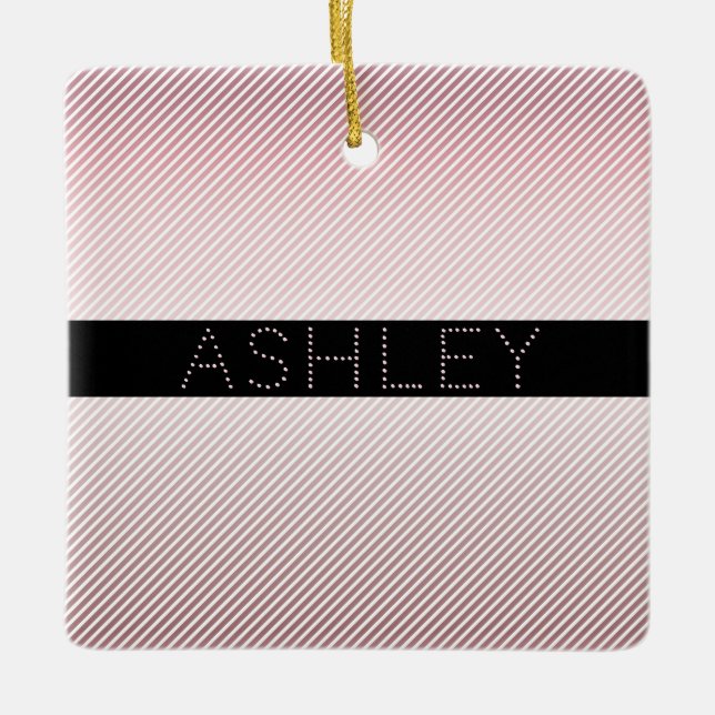 Your Name | Thin Rose Ombre & White Stripes Ceramic Ornament (Front)