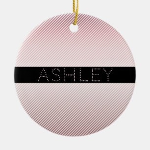 Your Name Thin Rose Ombre & White Stripes Ceramic Ornament