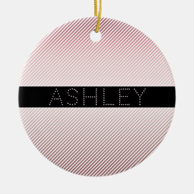 Your Name | Thin Rose Ombre & White Stripes Ceramic Ornament (Front)