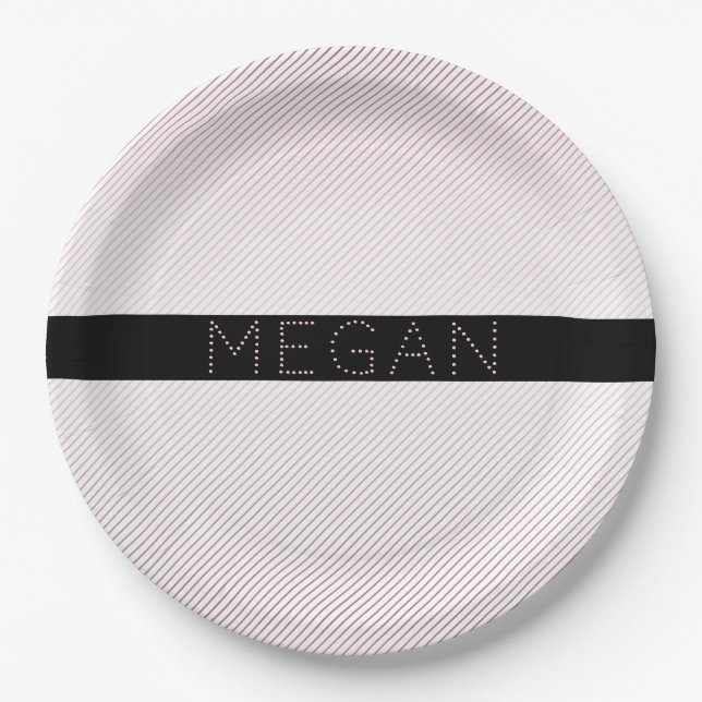 Your Name | Thin White & Sublte Rose Ombre Stripes Paper Plate (Front)