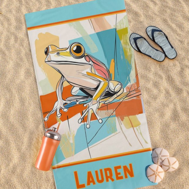 Your Name Turquoise Frog Art Beach Towel (Creator Uploaded)