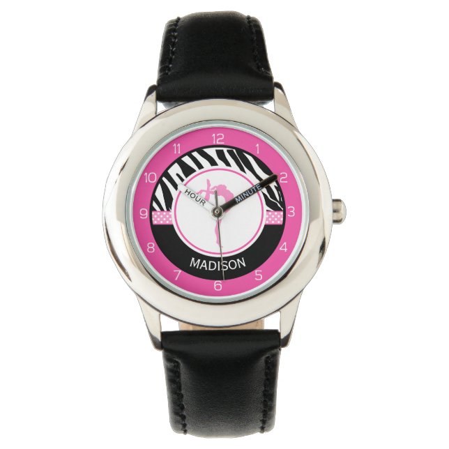 Your Name Zebra Print Gymnastics with Pink Details Watch (Front)