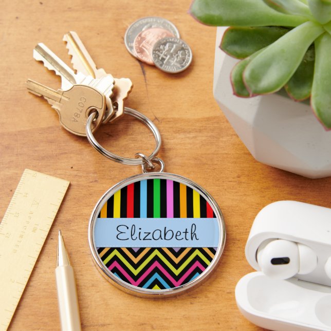 Your Name - Zigzag Pattern, Chevron - Green Blue Key Ring (Desk)