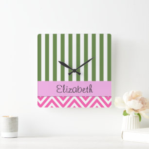 Your Name - Zigzag Pattern, Chevron - White Pink Square Wall Clock